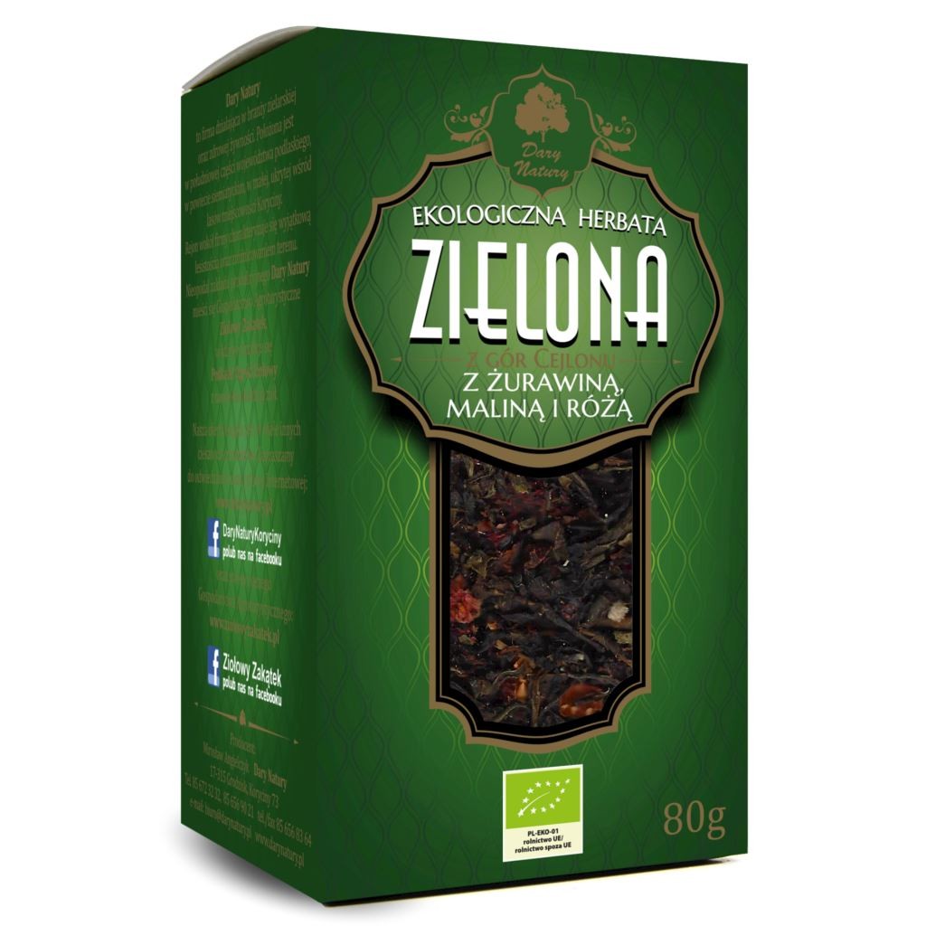 Herbata Zielona z Żurawiną Maliną i Różą Liściastą BIO 80g - Dary Natury