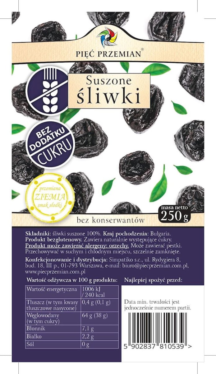 Śliwki Suszone bez dodatku cukru 250g - Pięć Przemian