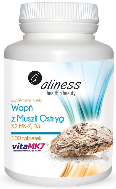 Wapń z Muszli Ostryg z Witaminą K2Mk7 i Witaminą D3 100 Tabetek - Aliness