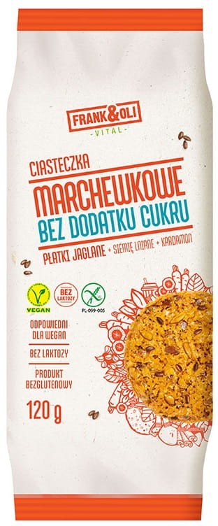 Ciasteczka Jaglano Marchewkowe z Płatkami Jaglanymi Siemieniem Lnianym i Kardamonem Wegańskie bez dodatku cukrów bezglutenowe 120g - Frank&amp;Oli