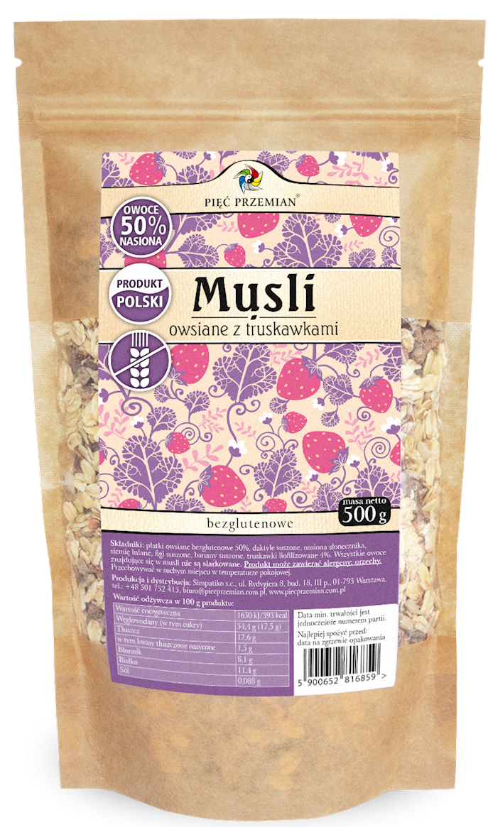 Müsli Owsiane z Truskawkami bezglutenowe 500g - Pięć Przemian