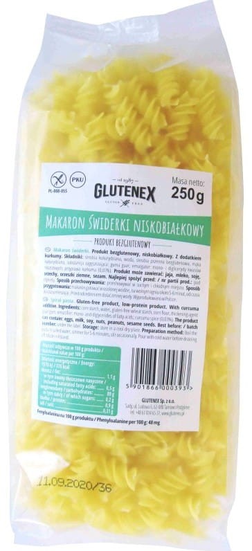 Makaron Świderki Niskobiałkowy PKU bezglutenowy 250g - Glutenex