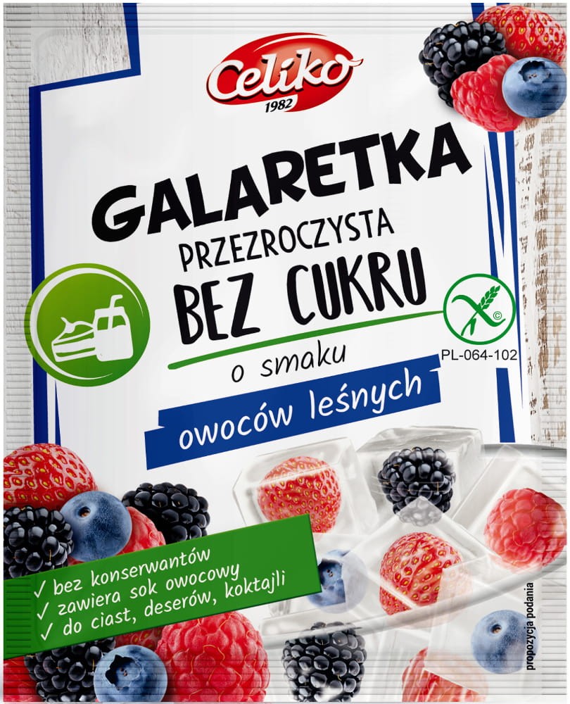 Galaretka Przezroczysta o Smaku Owoców Leśnych bez dodatku cukru bezglutenowa 14g - Celiko