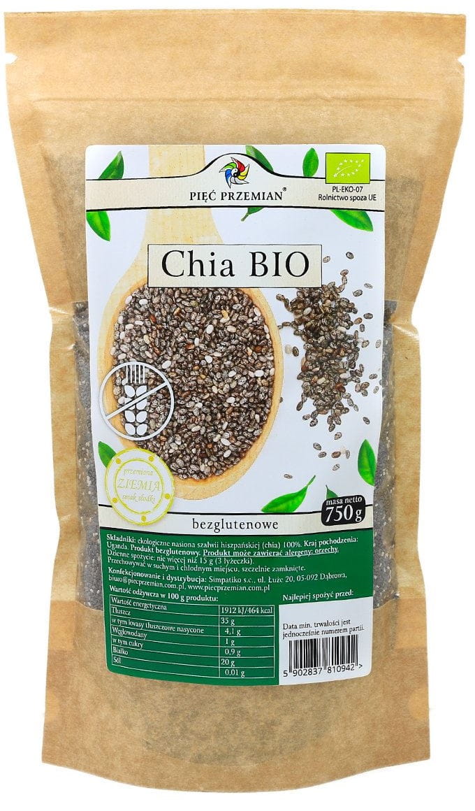 Chia Nasiona Szałwi Hiszpańskiej bezglutenowe BIO 750g - Pięć Przemian