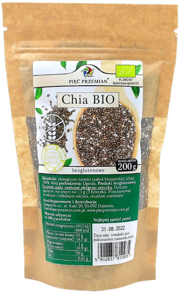 Chia Nasiona Szałwi Hiszpańskiej bezglutenowe BIO 200g - Pięć Przemian