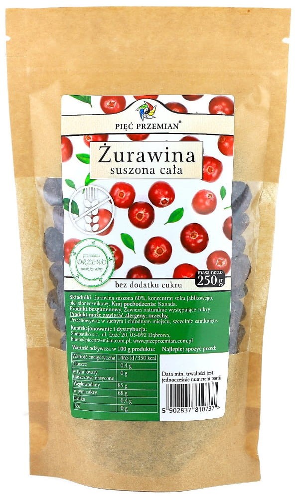Żurawina Suszona z Sokiem Jabłkowym Cała bezglutenowa 250g - Pięć Przemian