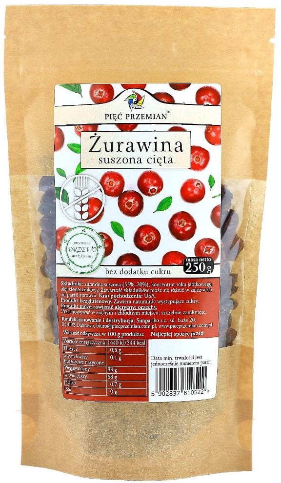 Żurawina Słodzona Sokiem Jabłkowym Cięta bezglutenowa 250g - Pięć Przemian