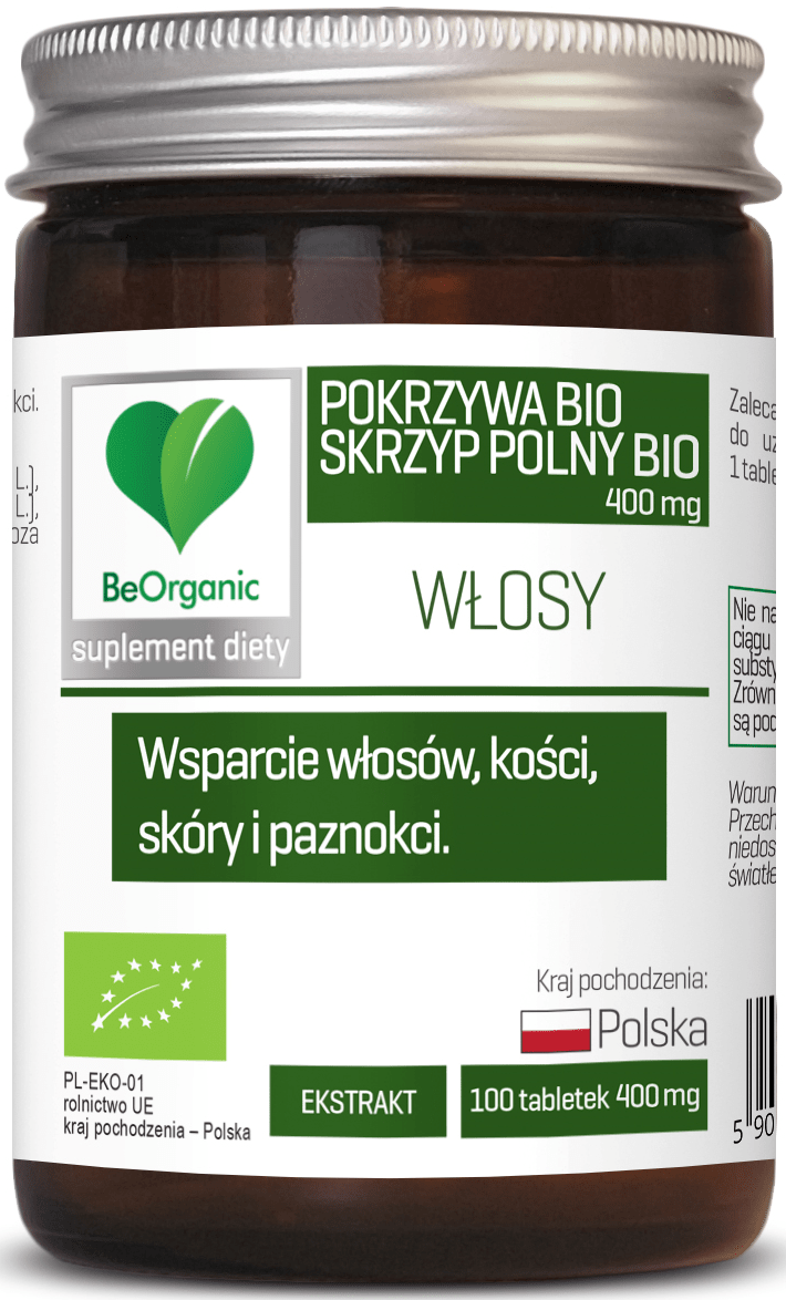 Pokrzywa i Skrzyp Polny Włosy BIO 400mg 100 Tabletek - BeOrganic