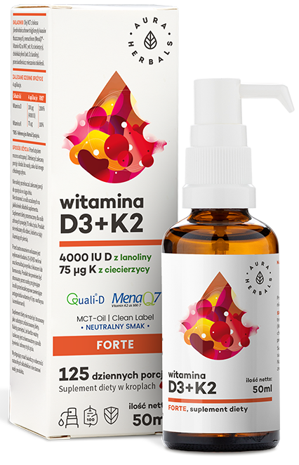 Witamina D3 4000 IU + K2MK7 MCT Suplement Diety Krople 50ml - Aura Herbals
