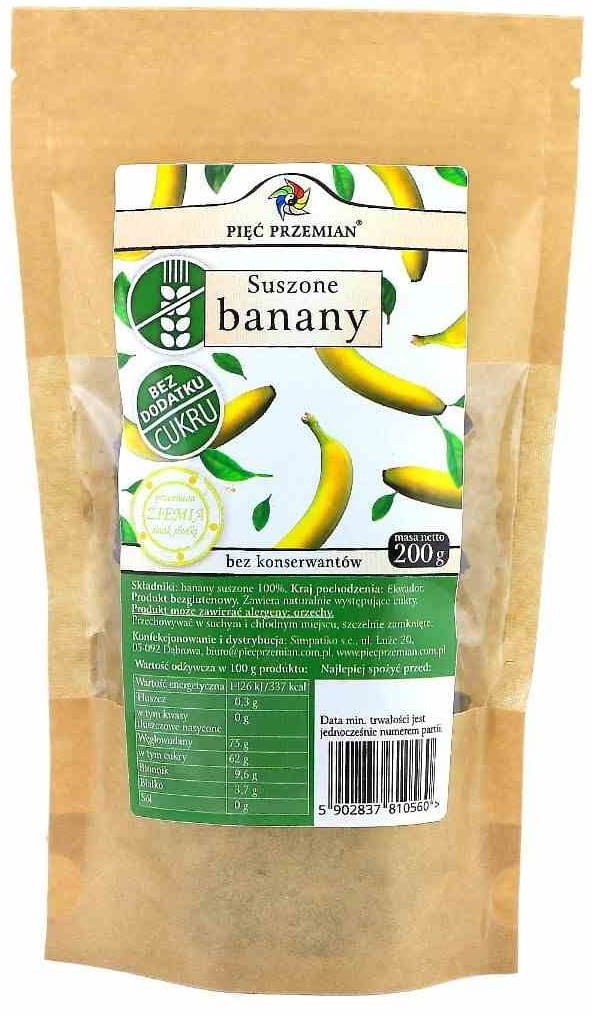 Banany Suszone bez dodatku cukru bezglutenowe 200g - Pięć Przemian