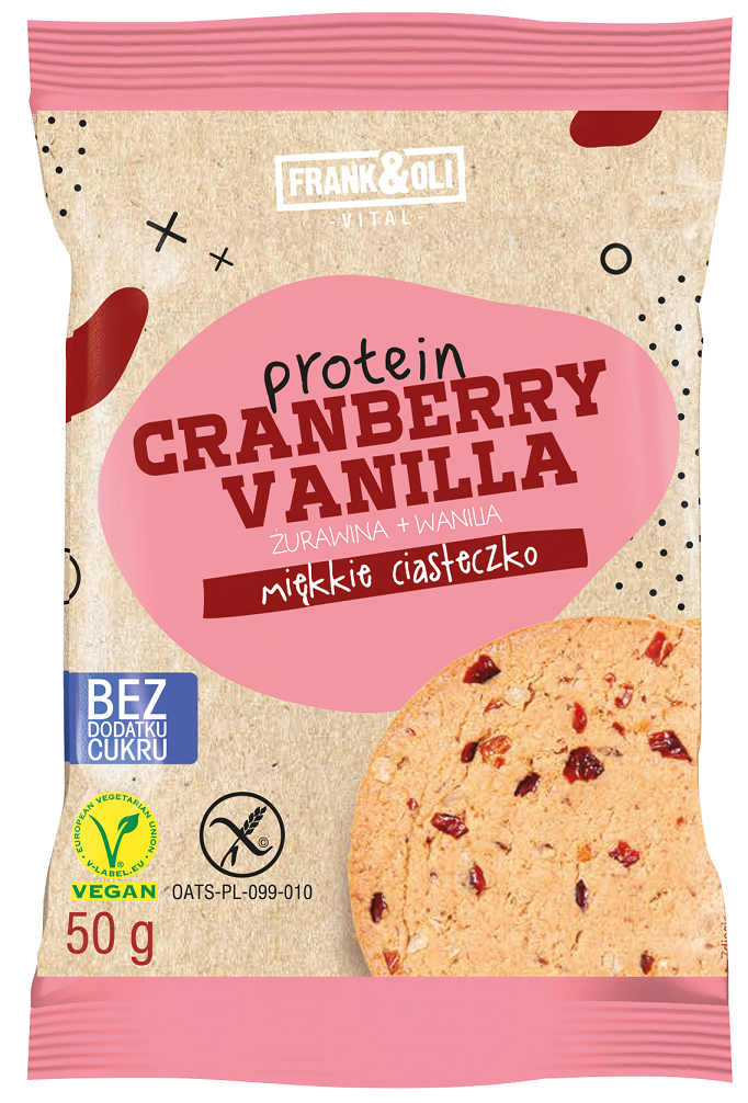 Ciastko Brownie Proteinowe Żurawina Wanilia Wegańskie bezglutenowe bez dodatku cukrów 50g - Frank&amp;Oli