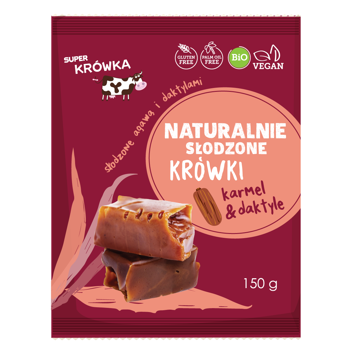 Krówki Karmel i Daktyl Słodzone Agawą bezmleczne bezglutenowe BIO 150g - Super Krówka