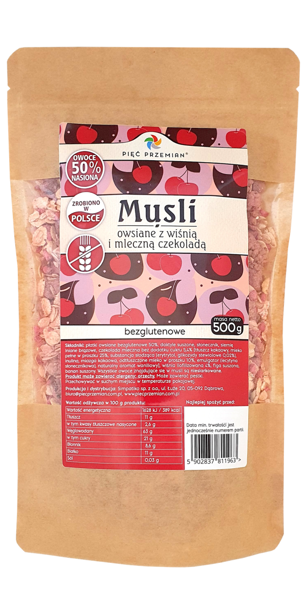Musli Owsiane z Wiśnią i Mleczną Czekoladą bezglutenowe 500g - Pięć Przemian