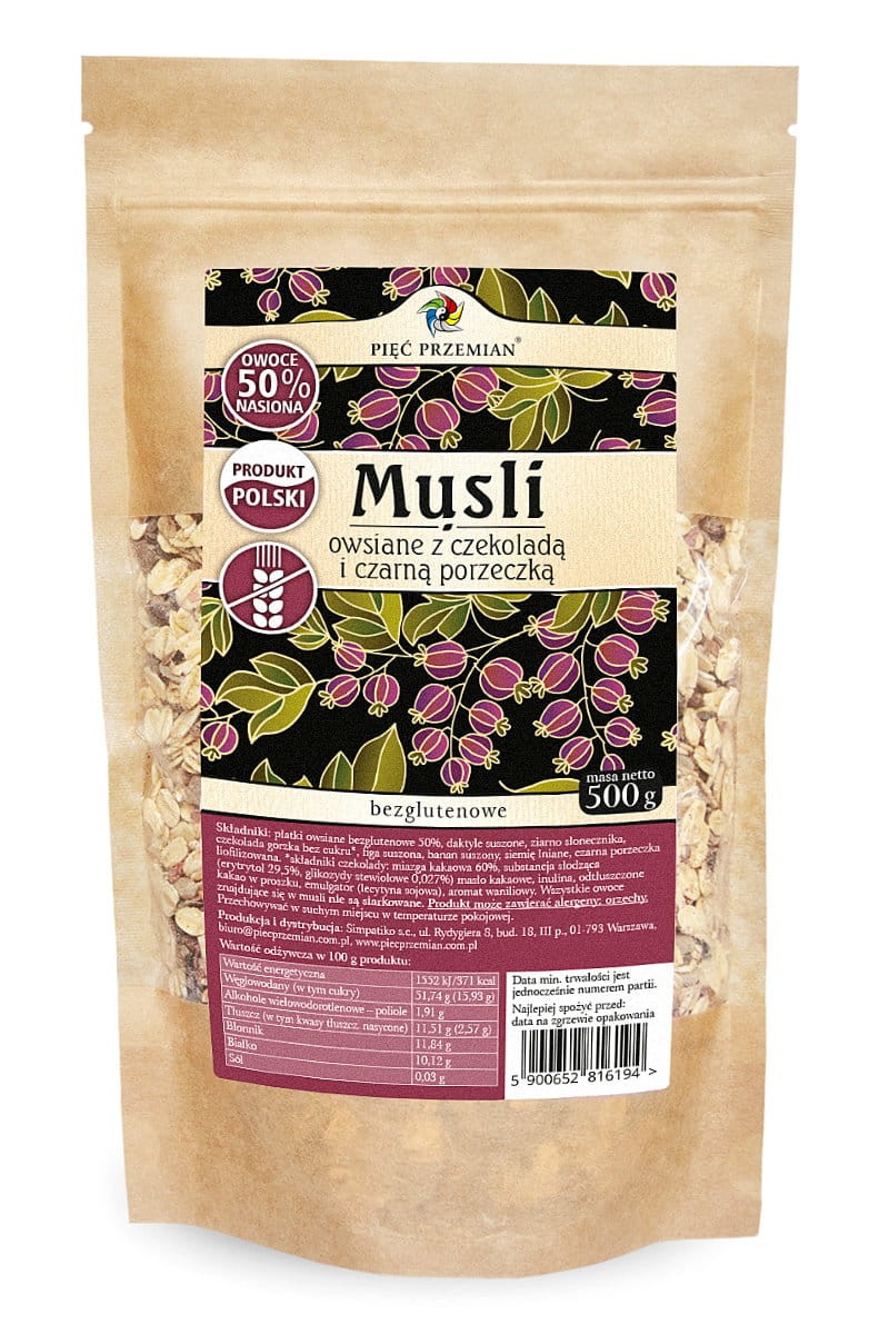 Müsli Owsiane z Czekoladą i Czarną Porzeczką bezglutenowe 500g - Pięć Przemian