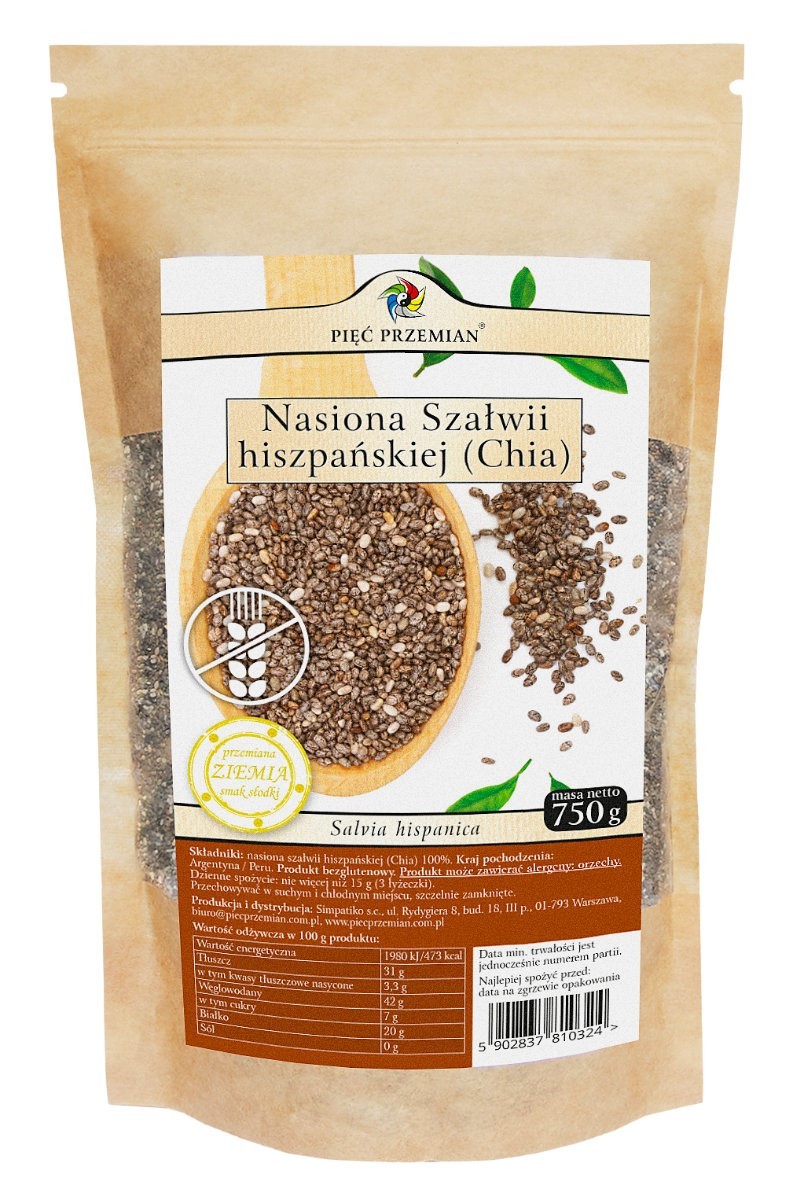 Chia Nasiona Szałwii Hiszpańskiej bezglutenowe 750 g - Pięć Przemian