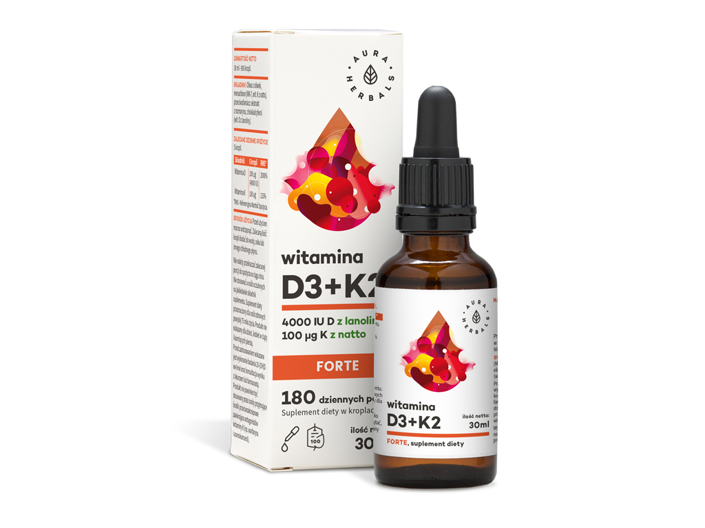 Witamina D3 4000IU + K2 Forte Suplement Diety Krople 30ml - Aura Herbals